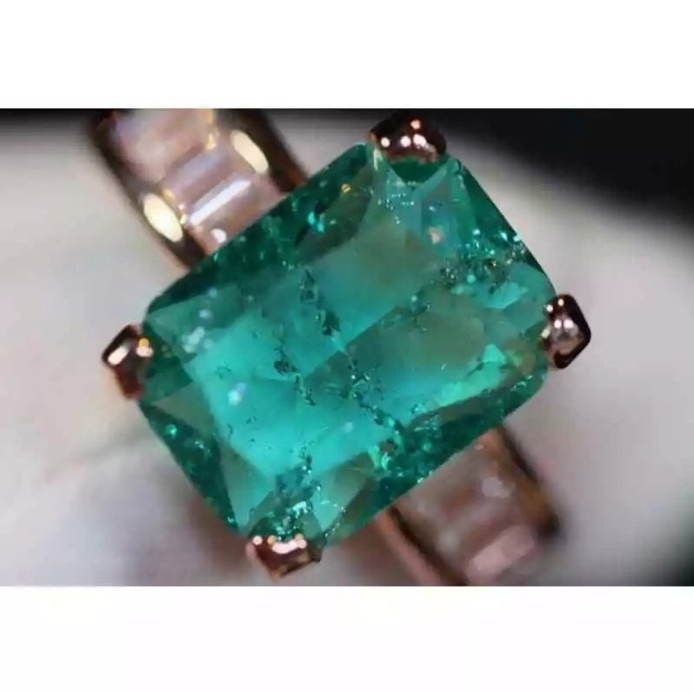 New 8 Rose Gold Emerald Cocktail Ring Simulated Antique Solitaire Baguettes CZ